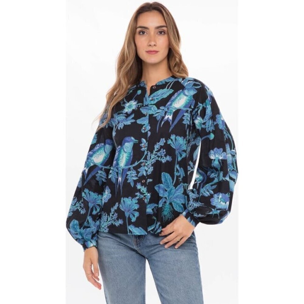 💕BANJANAN💕 Ella Shirt ~ Woden Hedgerow Black Floral Bird Print XS NWOT
